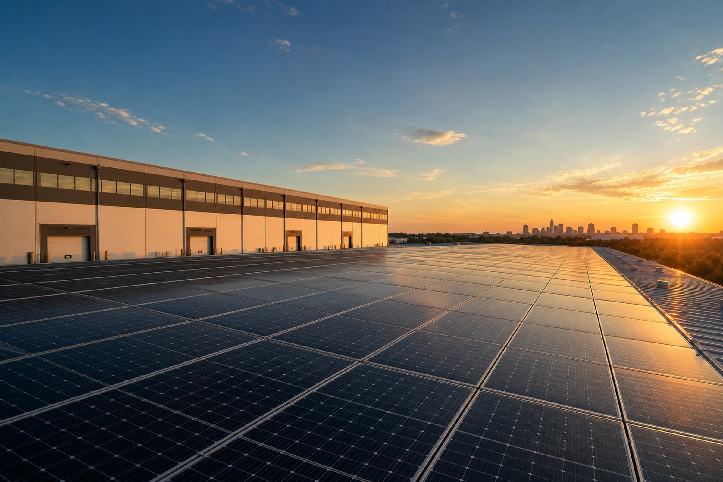 Industrial rooftop solar installation at sunrise