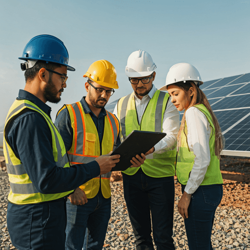 Lumion technicians reviewing solar installation plans on site