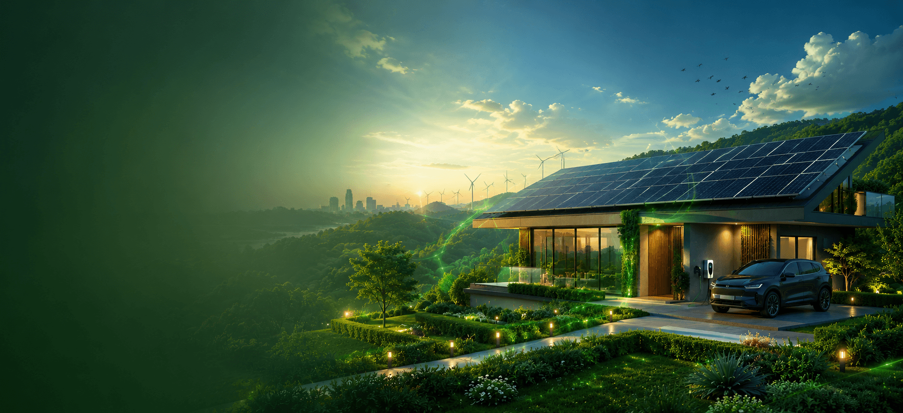 Home with solar panels illuminated at dusk