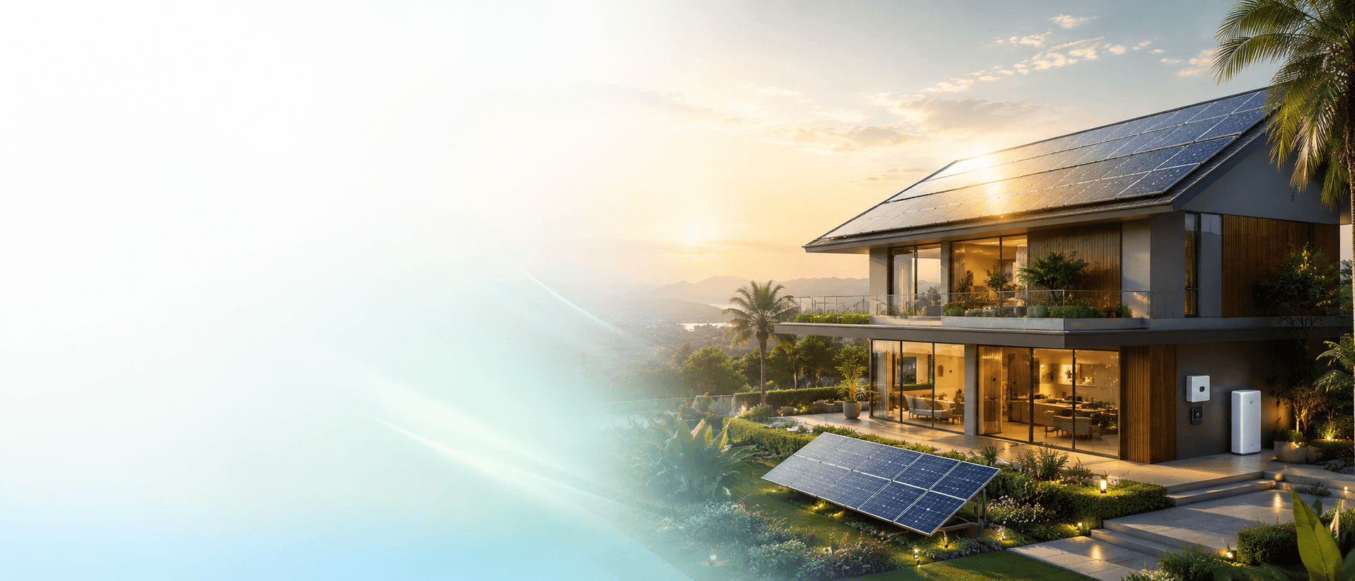 Modern home with rooftop solar panels at sunset