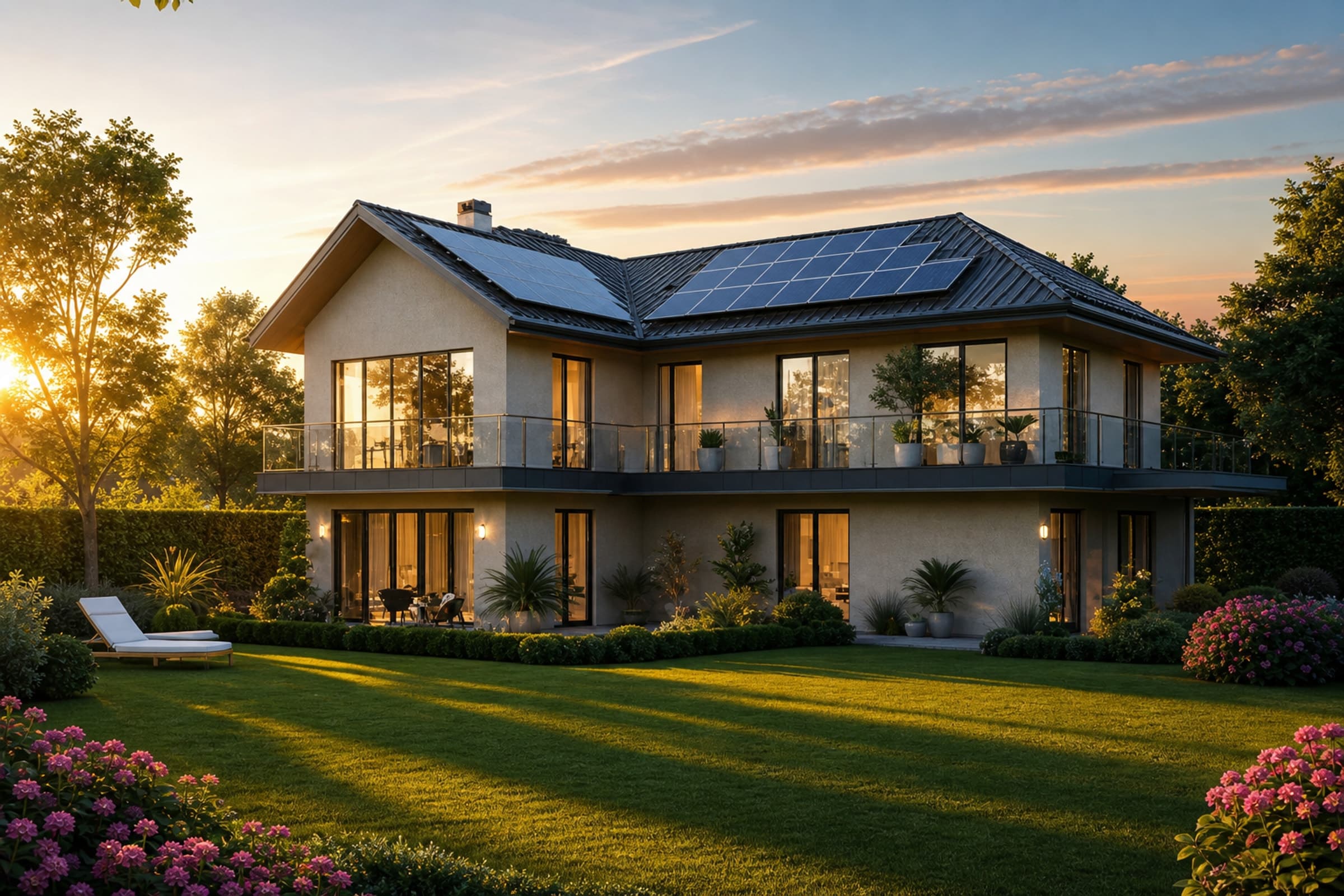 Modern home with rooftop solar panels at dusk