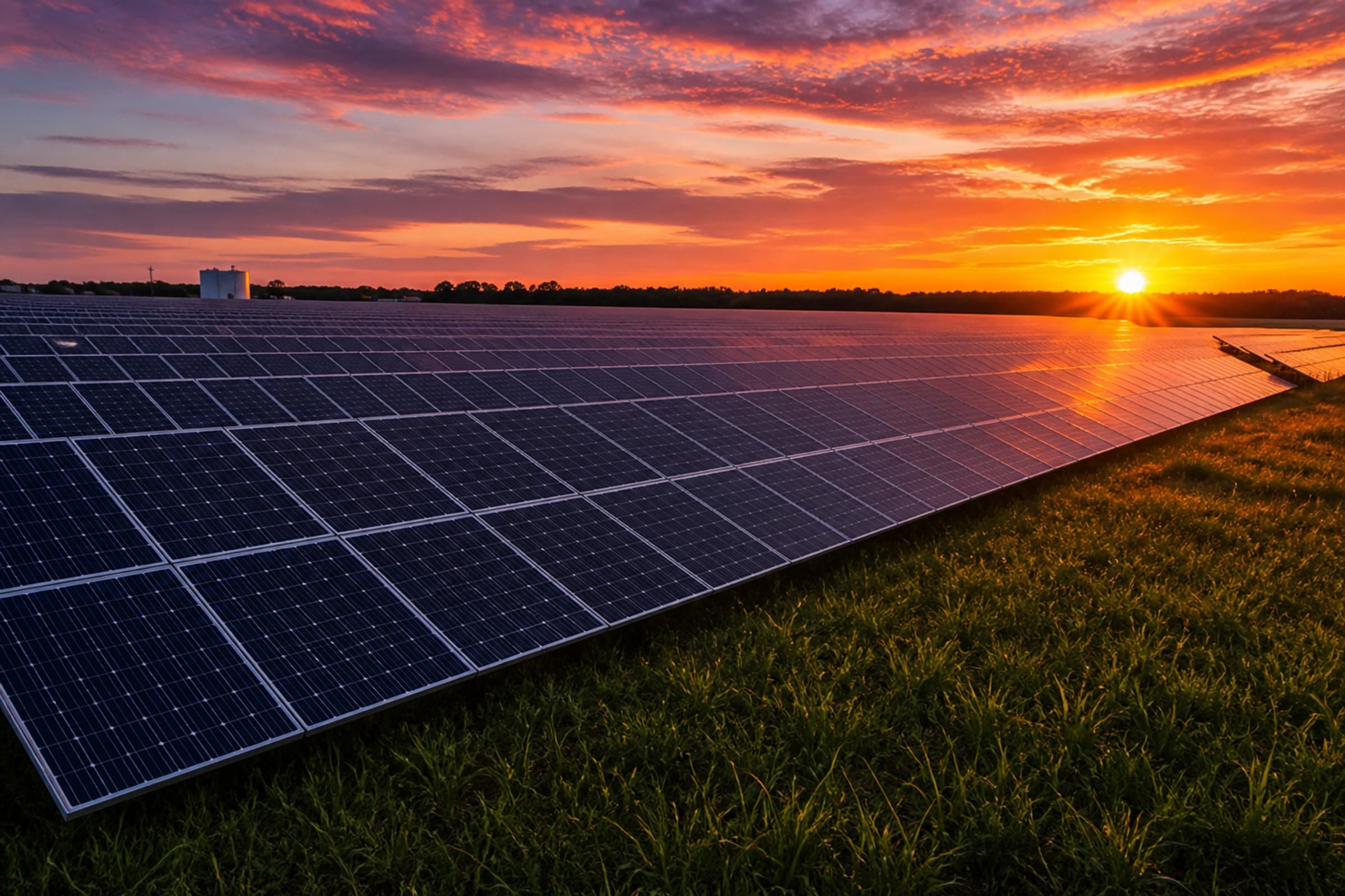 Utility-scale solar farm at sunset