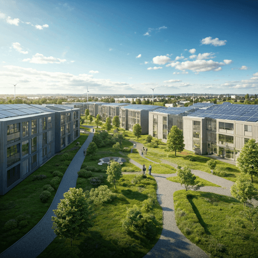 Modern residential buildings with rooftop solar panels