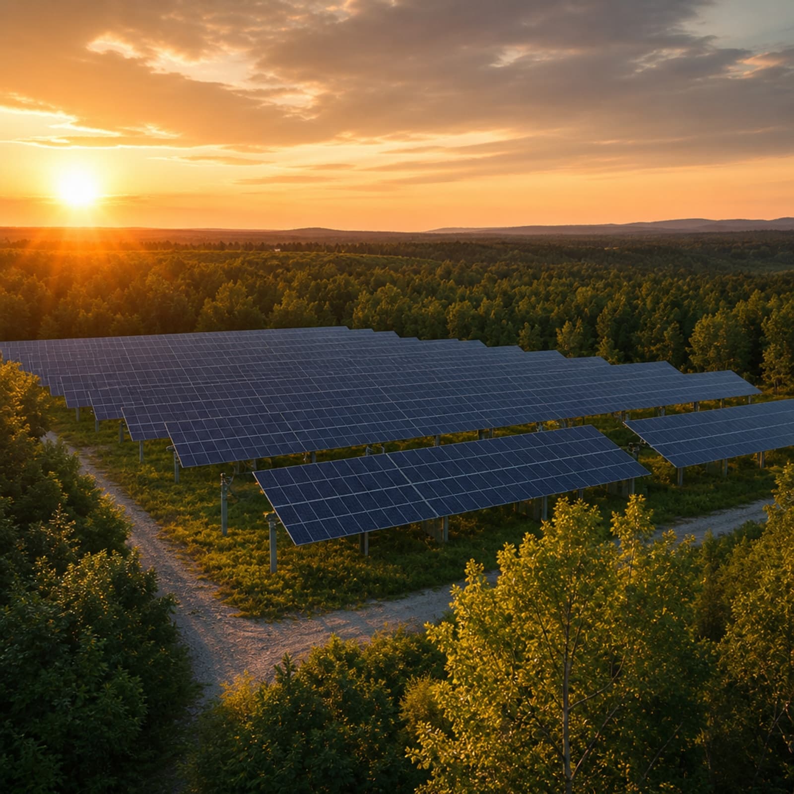 Solar panel installation in a forest clearing at sunset