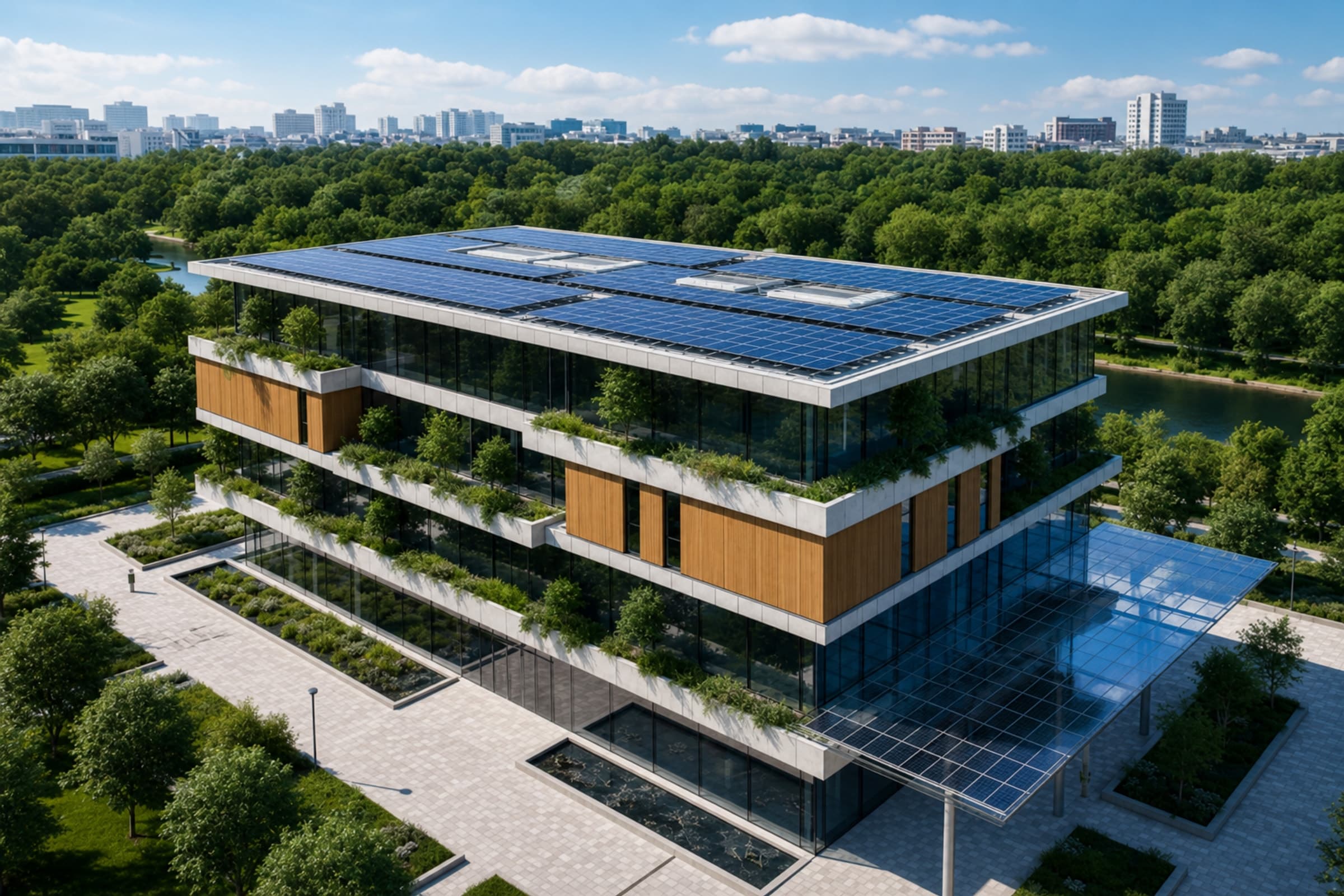 Modern commercial building with rooftop solar panels